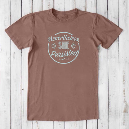 Men's 'She Persisted' T-Shirt in red clay bamboo cotton blend with feminist graphic, eco-friendly gift for feminist ally.