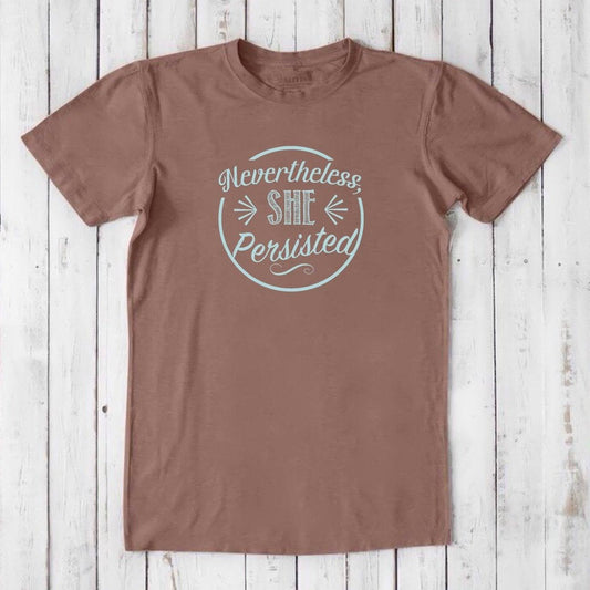 Men's 'She Persisted' T-Shirt in red clay bamboo cotton blend with feminist graphic, eco-friendly gift for feminist ally.