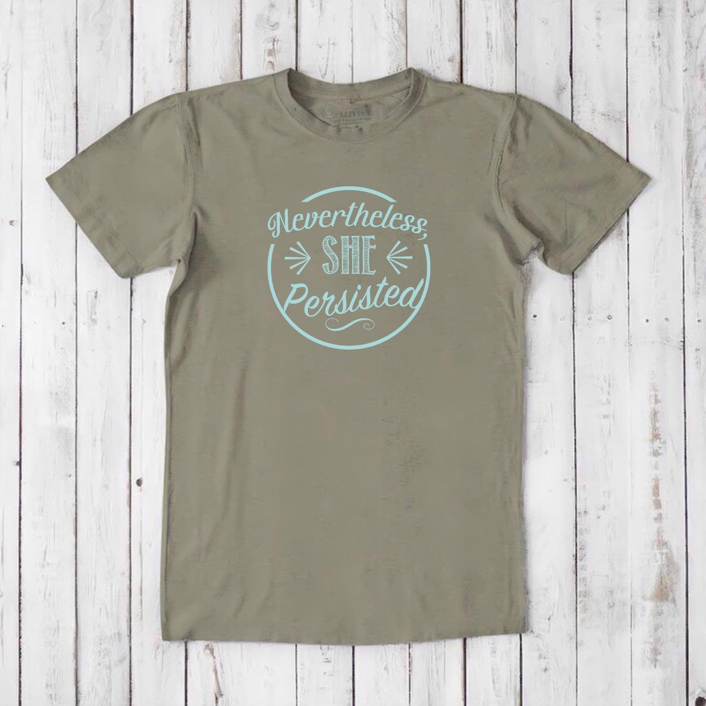 Men's 'She Persisted' T-Shirt in slate green bamboo cotton, ethical fashion statement tee for feminist allies.