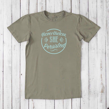 Men's 'She Persisted' T-Shirt in slate green bamboo cotton, ethical fashion statement tee for feminist allies.
