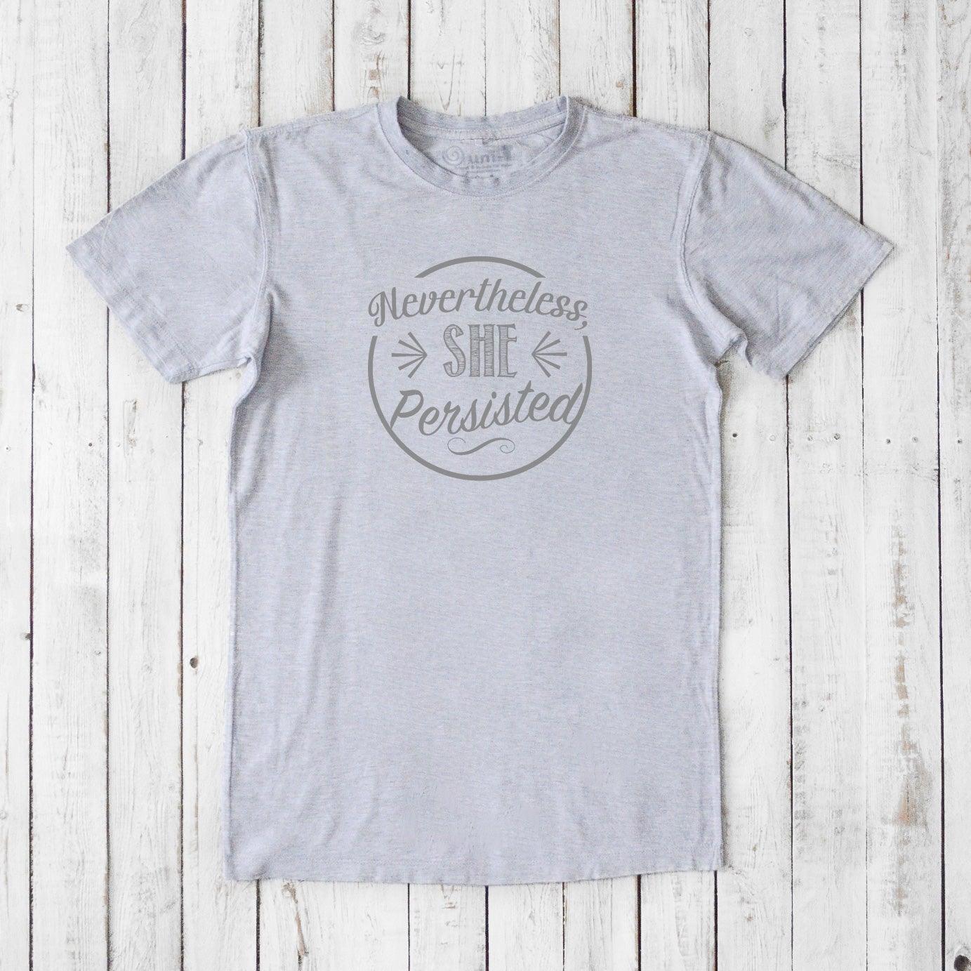 Men's 'She Persisted' T-Shirt in heather gray bamboo organic cotton, minimalist feminist message tee for him.