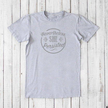 Men's 'She Persisted' T-Shirt in heather gray bamboo organic cotton, minimalist feminist message tee for him.