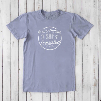 Men's 'She Persisted' T-Shirt in light blue bamboo organic cotton, sustainable graphic tee for feminist support.