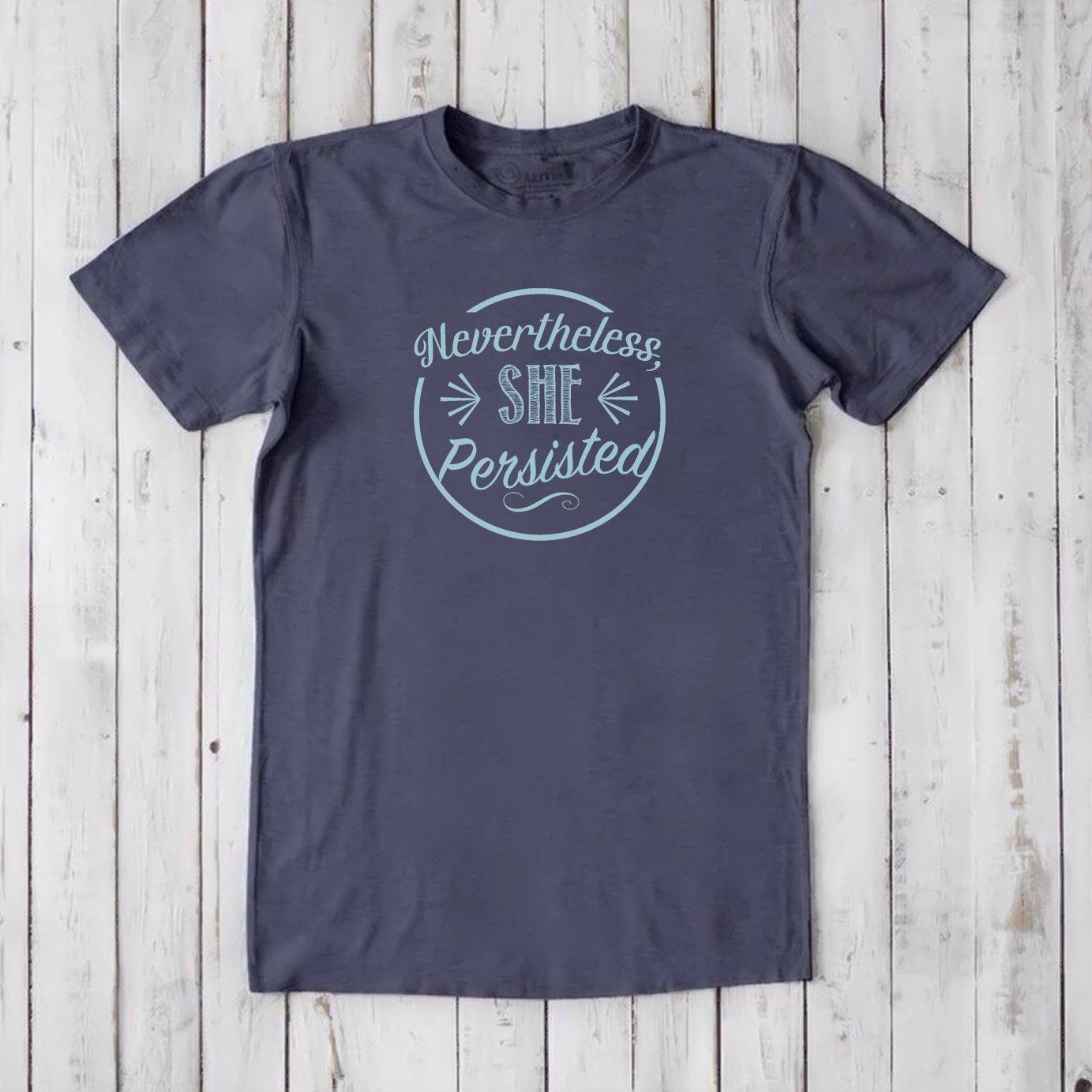 Men's 'She Persisted' T-Shirt in navy bamboo organic cotton, soft graphic tee for proud feminist allies.