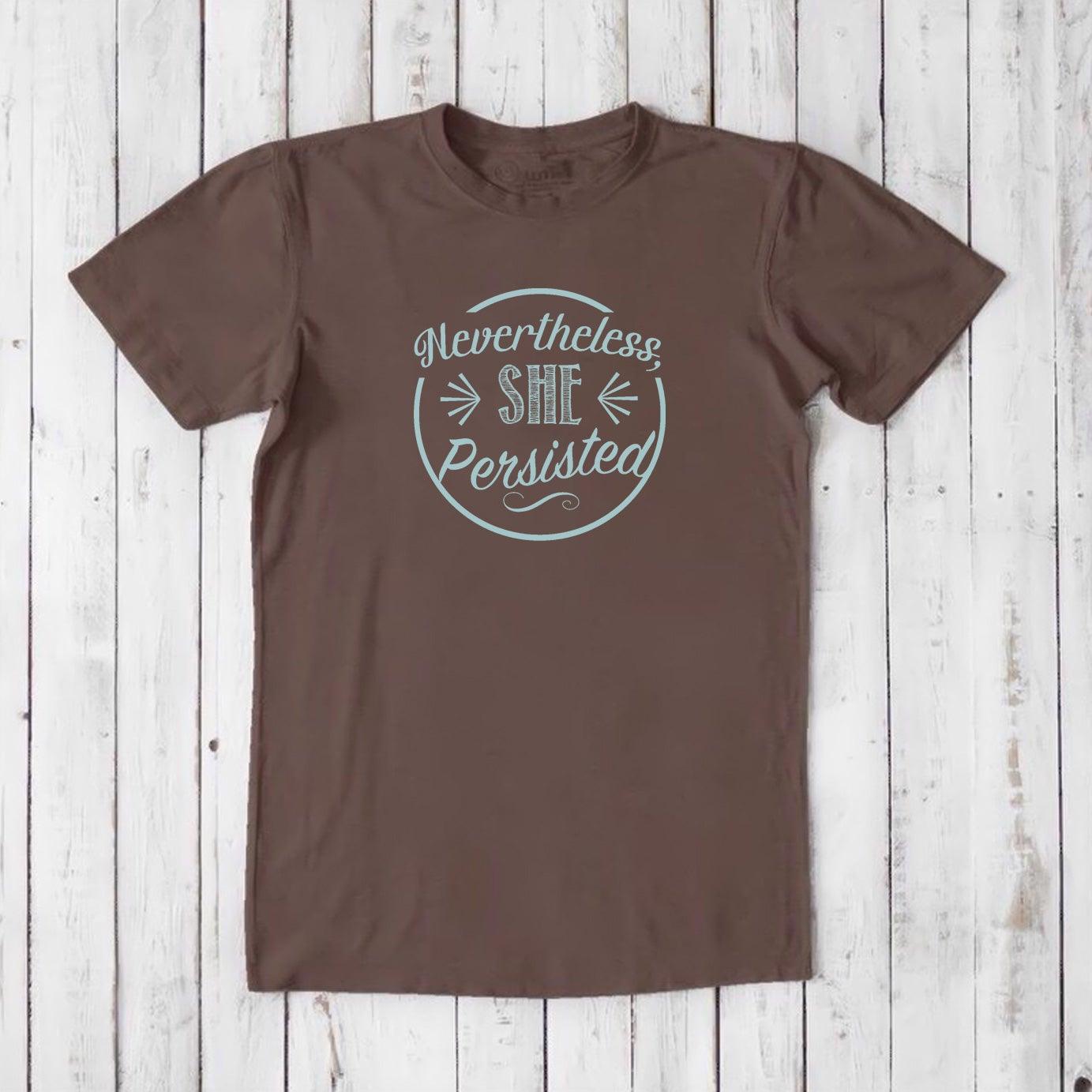 Men's 'She Persisted' T-Shirt in light brown bamboo cotton, ethical fashion tee with feminist message for him.