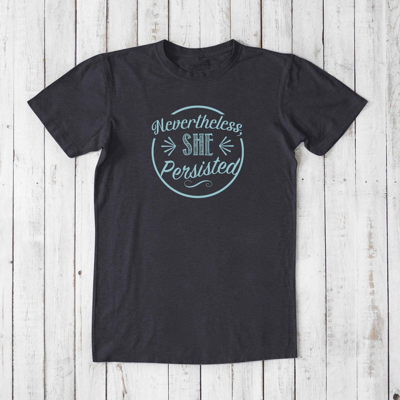 Men's 'She Persisted' T-Shirt in charcoal bamboo organic cotton, bold statement tee supporting women's rights.