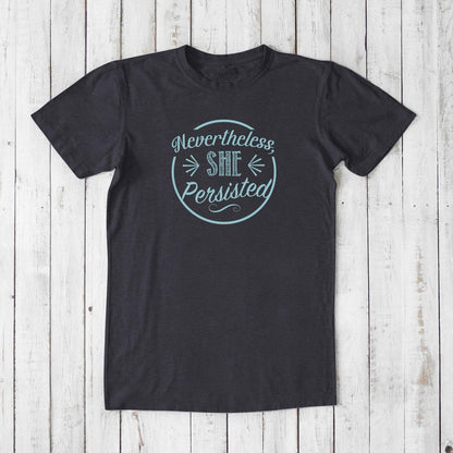 Men's 'She Persisted' T-Shirt in charcoal bamboo organic cotton, bold statement tee supporting women's rights.