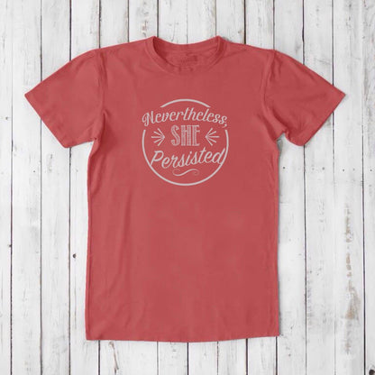 Men's 'She Persisted' T-Shirt in coral red bamboo organic cotton, eco-friendly tee with empowering message for men.