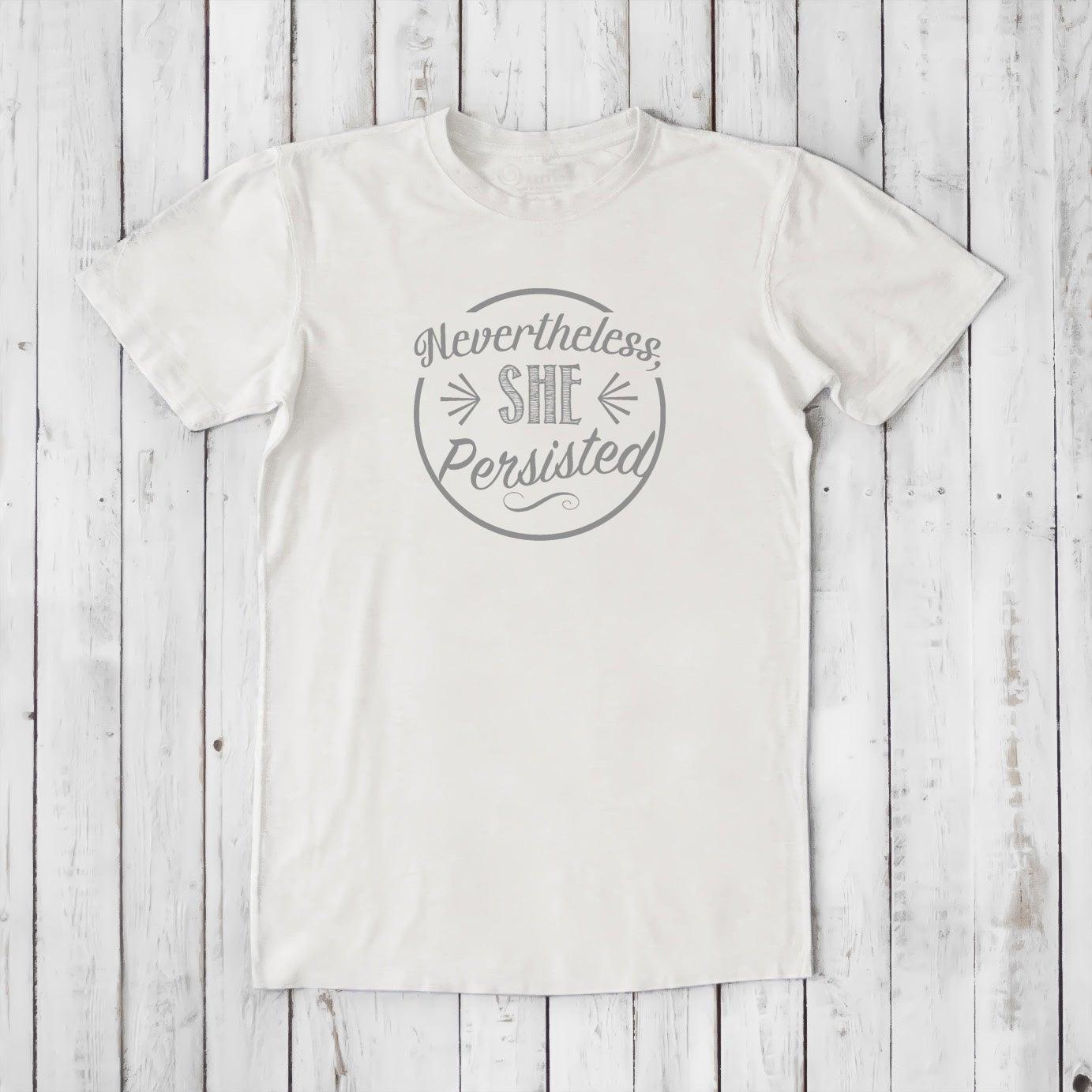 Men's 'She Persisted' T-Shirt in white bamboo cotton blend, clean design feminist ally tee for sustainable fashion.