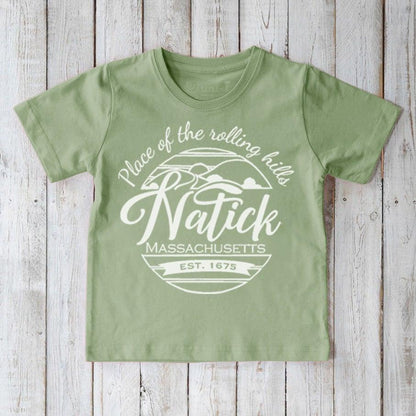 Green Kids' Natick Organic Cotton T-Shirt with local town pride print. Soft eco-conscious graphic tee for kids by Uni-T.