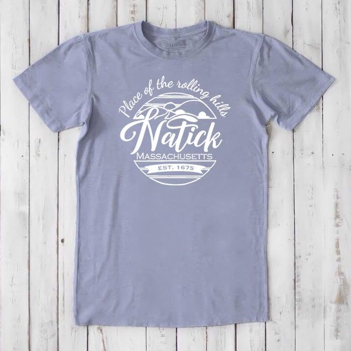 Men's Natick T-Shirt in lavender bamboo & organic cotton with 'Place of the Rolling Hills' graphic. Classic fit local townie gift tee.