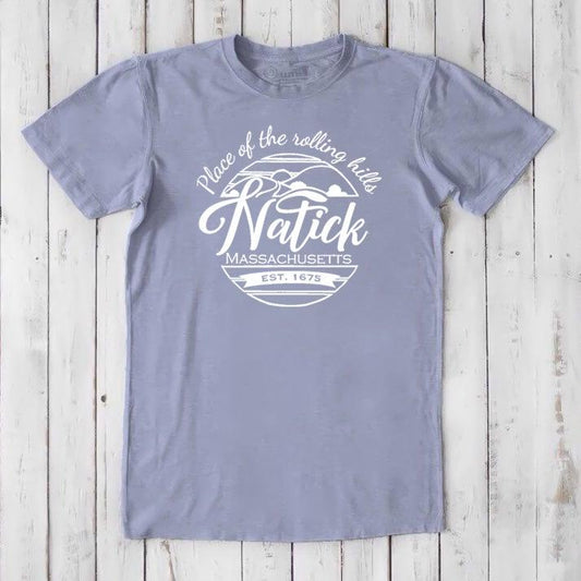 Men's Natick T-Shirt in lavender bamboo & organic cotton with 'Place of the Rolling Hills' graphic. Classic fit local townie gift tee.