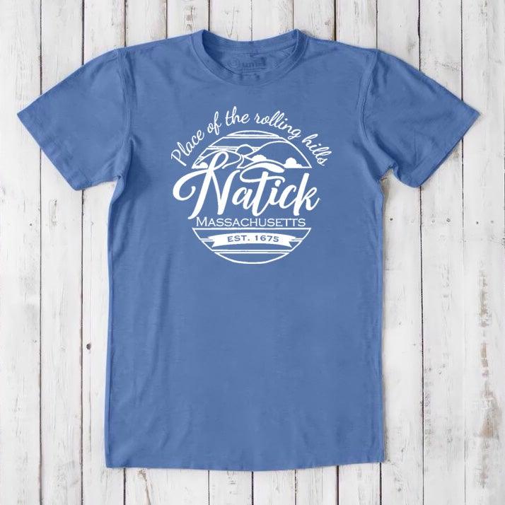 Men's Natick T-Shirt in blue bamboo & organic cotton featuring 'Natick, Massachusetts' hometown pride design. Soft, eco-friendly classic fit tee.
