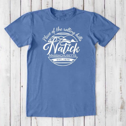 Men's Natick T-Shirt in blue bamboo & organic cotton featuring 'Natick, Massachusetts' hometown pride design. Soft, eco-friendly classic fit tee.
