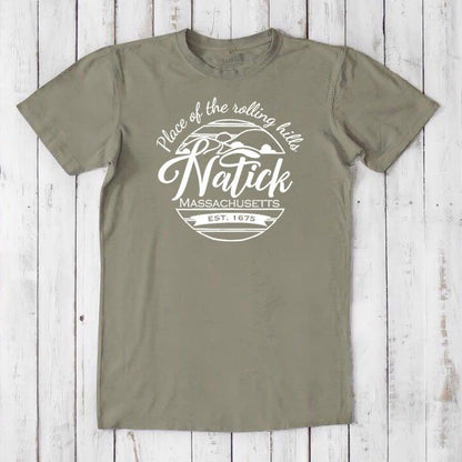 Olive green men's Natick T-Shirt made from bamboo & organic cotton. Features 'Place of the Rolling Hills' graphic for local Massachusetts pride.