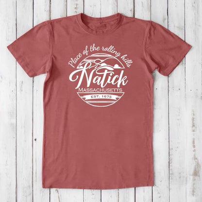 Rust red men's Natick T-Shirt in bamboo & organic cotton with white 'Natick, MA' graphic. Eco-conscious classic fit tee for hometown pride.