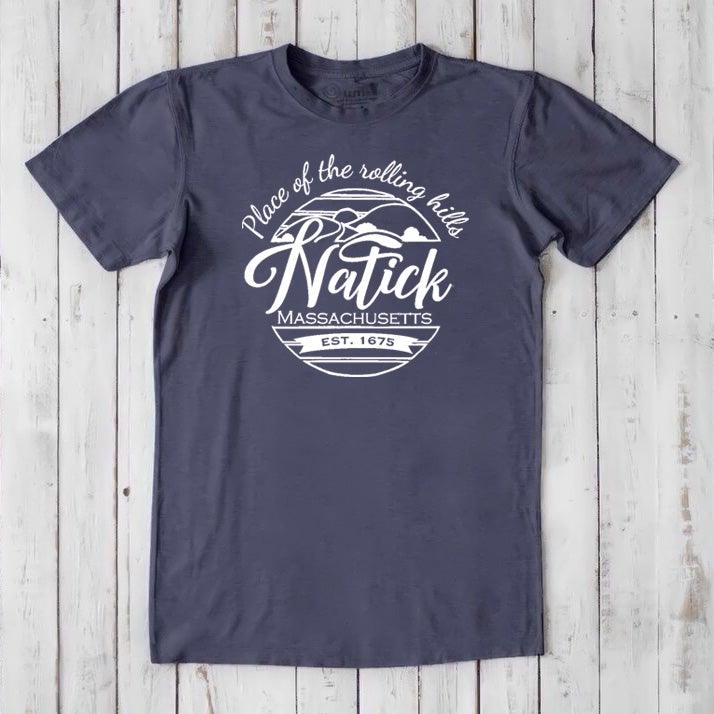 Charcoal navy men's Natick T-Shirt in bamboo & organic cotton. Features 'Place of the Rolling Hills' print, ideal gift for Massachusetts locals.
