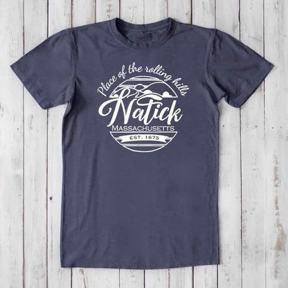Charcoal navy men's Natick T-Shirt in bamboo & organic cotton. Features 'Place of the Rolling Hills' print, ideal gift for Massachusetts locals.