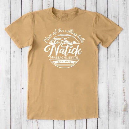 Golden tan men's Natick T-Shirt in bamboo & organic cotton. Classic fit tee with 'Natick, Massachusetts' graphic for local pride gifting.