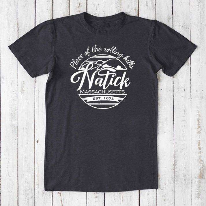 Black men's Natick T-Shirt in bamboo & organic cotton with white 'Place of the Rolling Hills' print. Classic fit hometown pride shirt.