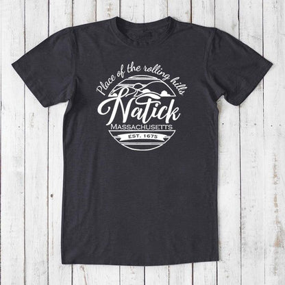 Black men's Natick T-Shirt in bamboo & organic cotton with white 'Place of the Rolling Hills' print. Classic fit hometown pride shirt.