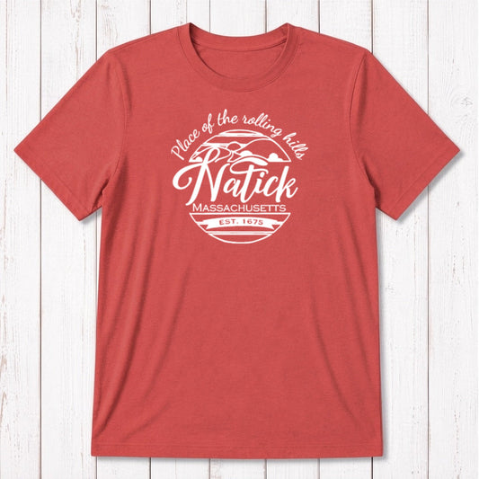 Brick red men's Natick T-Shirt made from bamboo & organic cotton. Features 'Natick, MA' graphic for local pride and eco-conscious comfort.