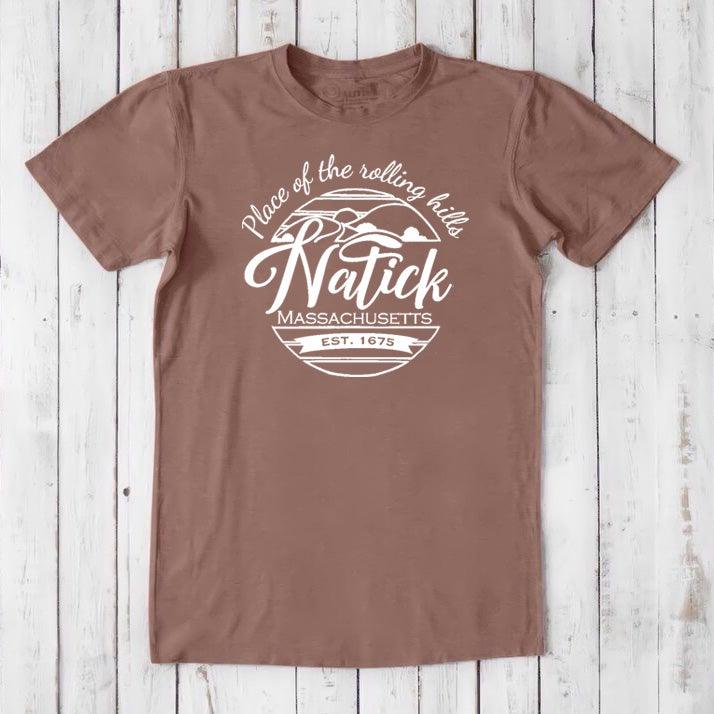 Brown men's Natick T-Shirt in bamboo & organic cotton with white 'Place of the Rolling Hills' design. Classic fit tee for Massachusetts locals.