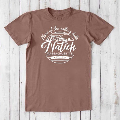 Brown men's Natick T-Shirt in bamboo & organic cotton with white 'Place of the Rolling Hills' design. Classic fit tee for Massachusetts locals.