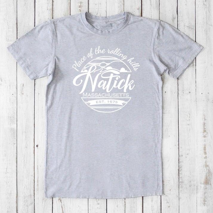 Heather gray men's Natick T-Shirt in bamboo & organic cotton. Soft, breathable tee with 'Natick, Massachusetts' graphic for local pride.
