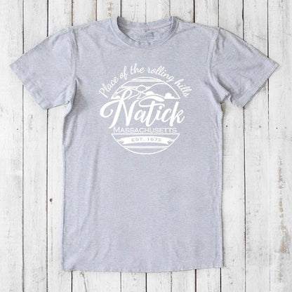 Heather gray men's Natick T-Shirt in bamboo & organic cotton. Soft, breathable tee with 'Natick, Massachusetts' graphic for local pride.