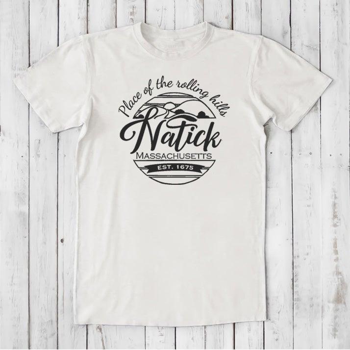 White men's Natick T-Shirt in bamboo & organic cotton with black 'Place of the Rolling Hills' print. Classic fit tee for hometown gifting.