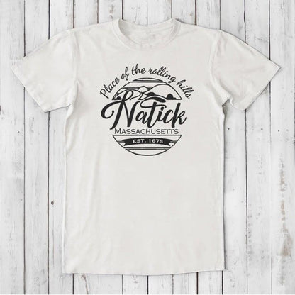 White men's Natick T-Shirt in bamboo & organic cotton with black 'Place of the Rolling Hills' print. Classic fit tee for hometown gifting.