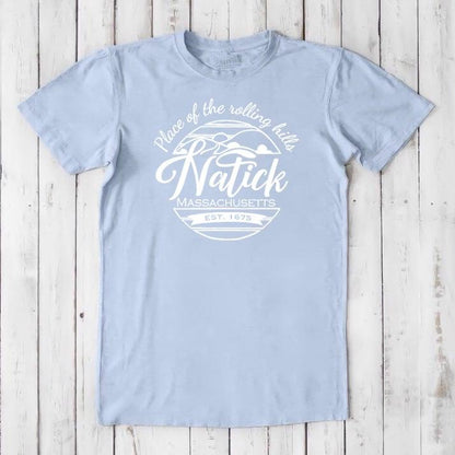 Light blue men's Natick T-Shirt in bamboo & organic cotton. Features white 'Natick, MA' graphic for eco-friendly local pride apparel.