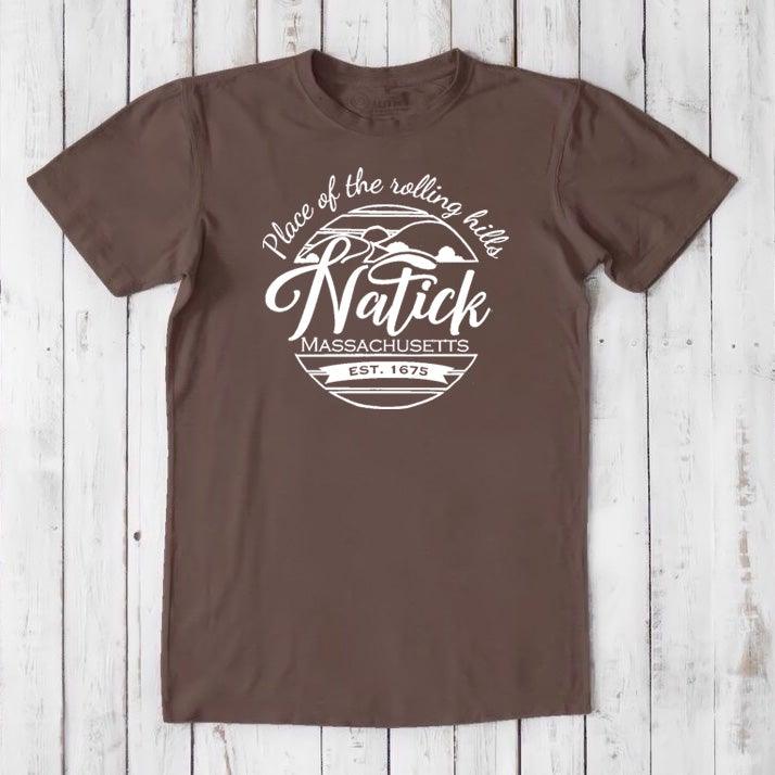 Chocolate brown men's Natick T-Shirt in bamboo & organic cotton. Classic fit tee with white 'Place of the Rolling Hills' hometown graphic.