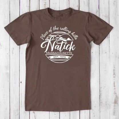 Chocolate brown men's Natick T-Shirt in bamboo & organic cotton. Classic fit tee with white 'Place of the Rolling Hills' hometown graphic.
