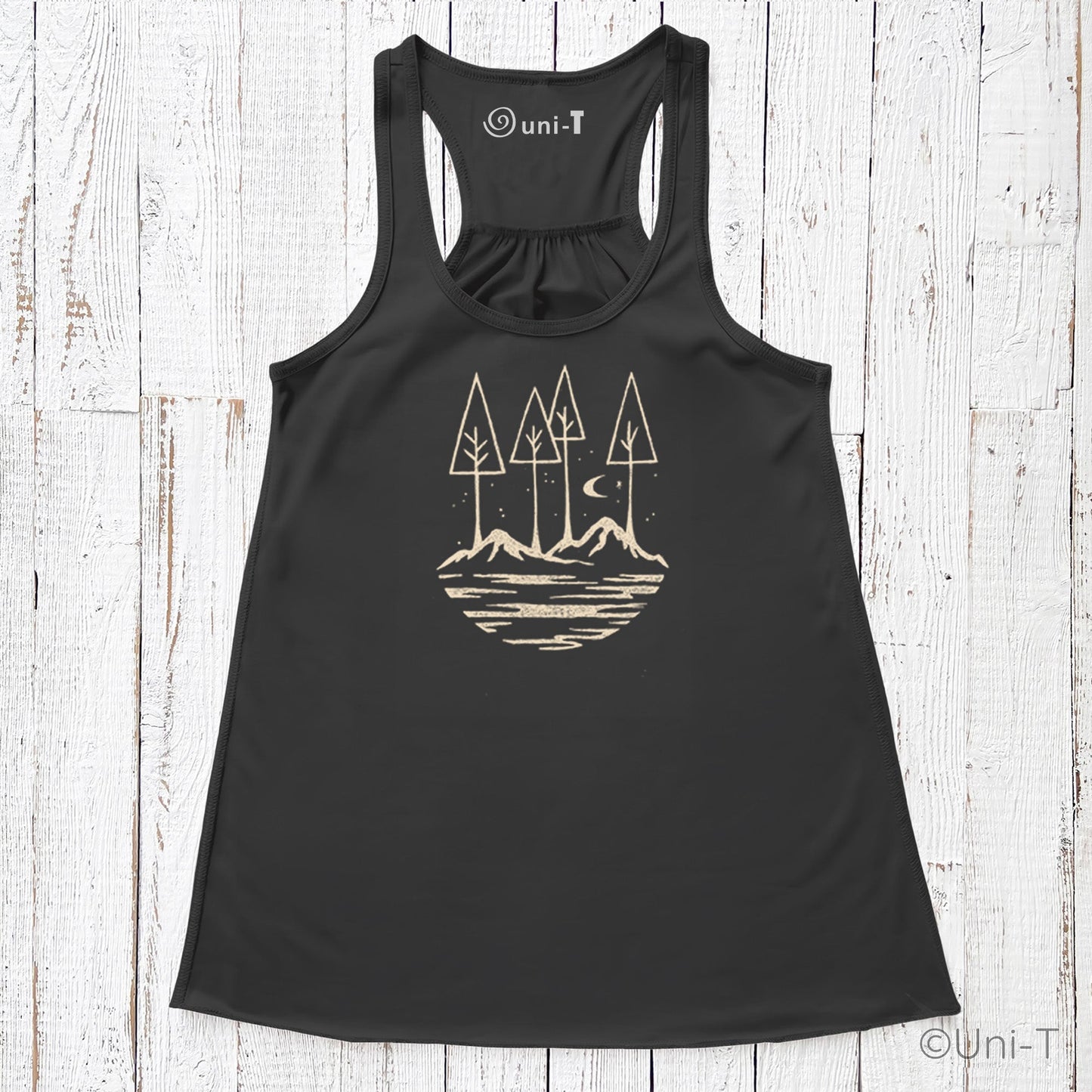 Black Nature Flowy Tank Top for Women with minimalist mountain and tree design. Lightweight comfort fit ideal for outdoor wear.