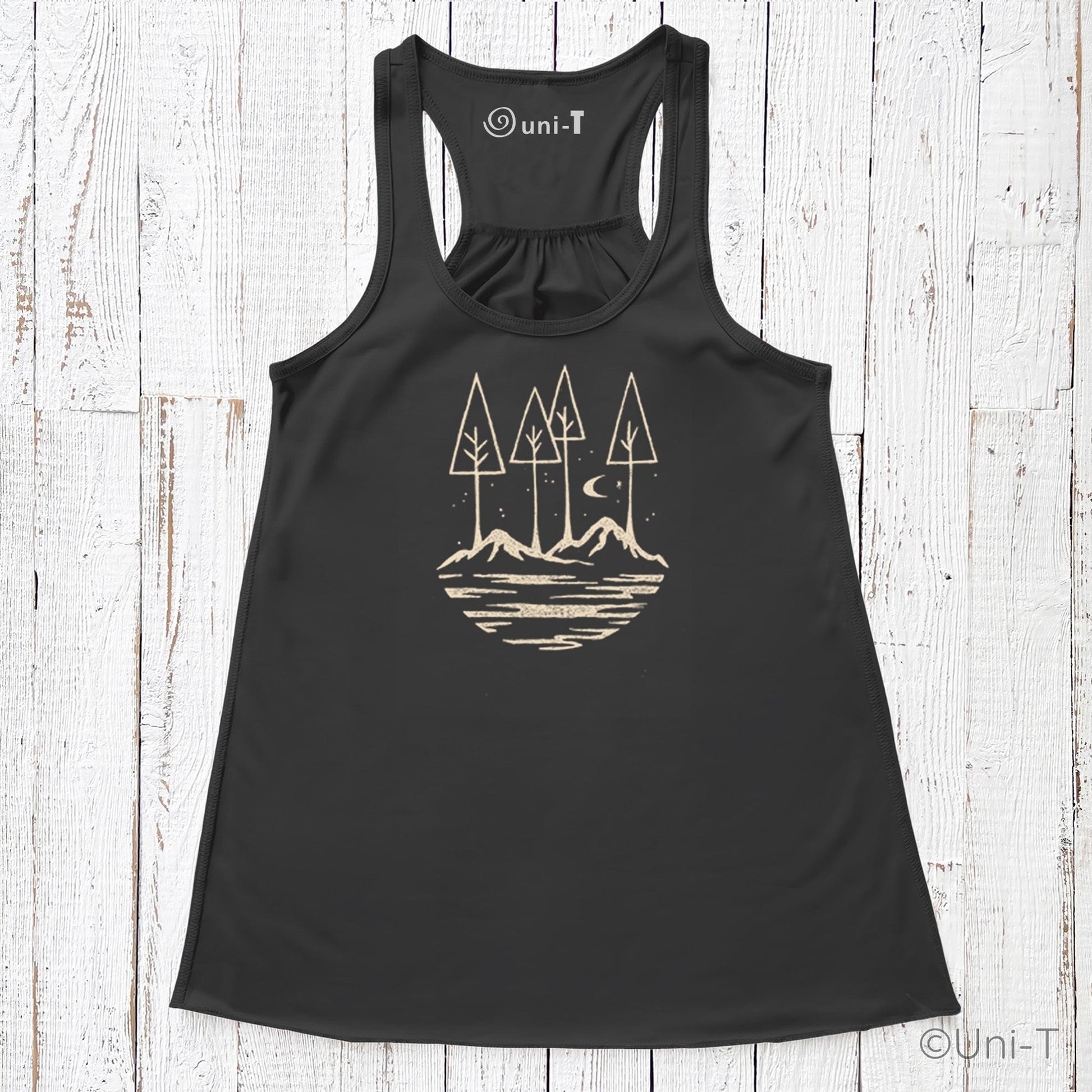 Black Nature Flowy Tank Top for Women with minimalist mountain and tree design. Lightweight comfort fit ideal for outdoor wear.