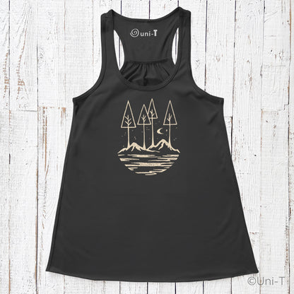 Black Nature Flowy Tank Top for Women with minimalist mountain and tree design. Lightweight comfort fit ideal for outdoor wear.
