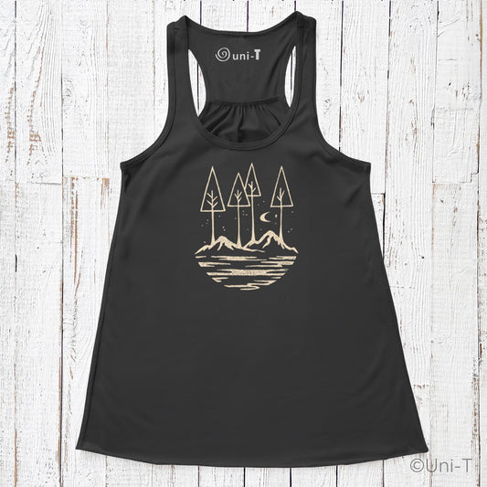 Black Nature Flowy Tank Top for Women with minimalist mountain and tree design. Lightweight comfort fit ideal for outdoor wear.