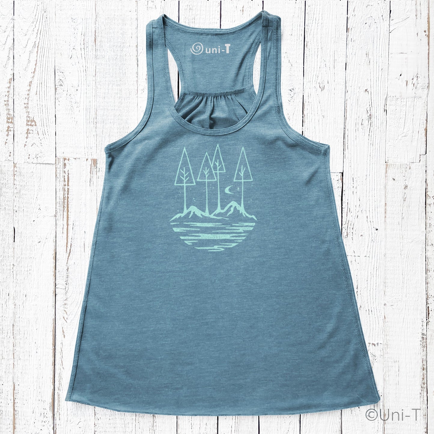 Blue Nature Flowy Tank Top for Women with scenic tree and mountain print. Premium comfort fit, perfect for nature lovers.