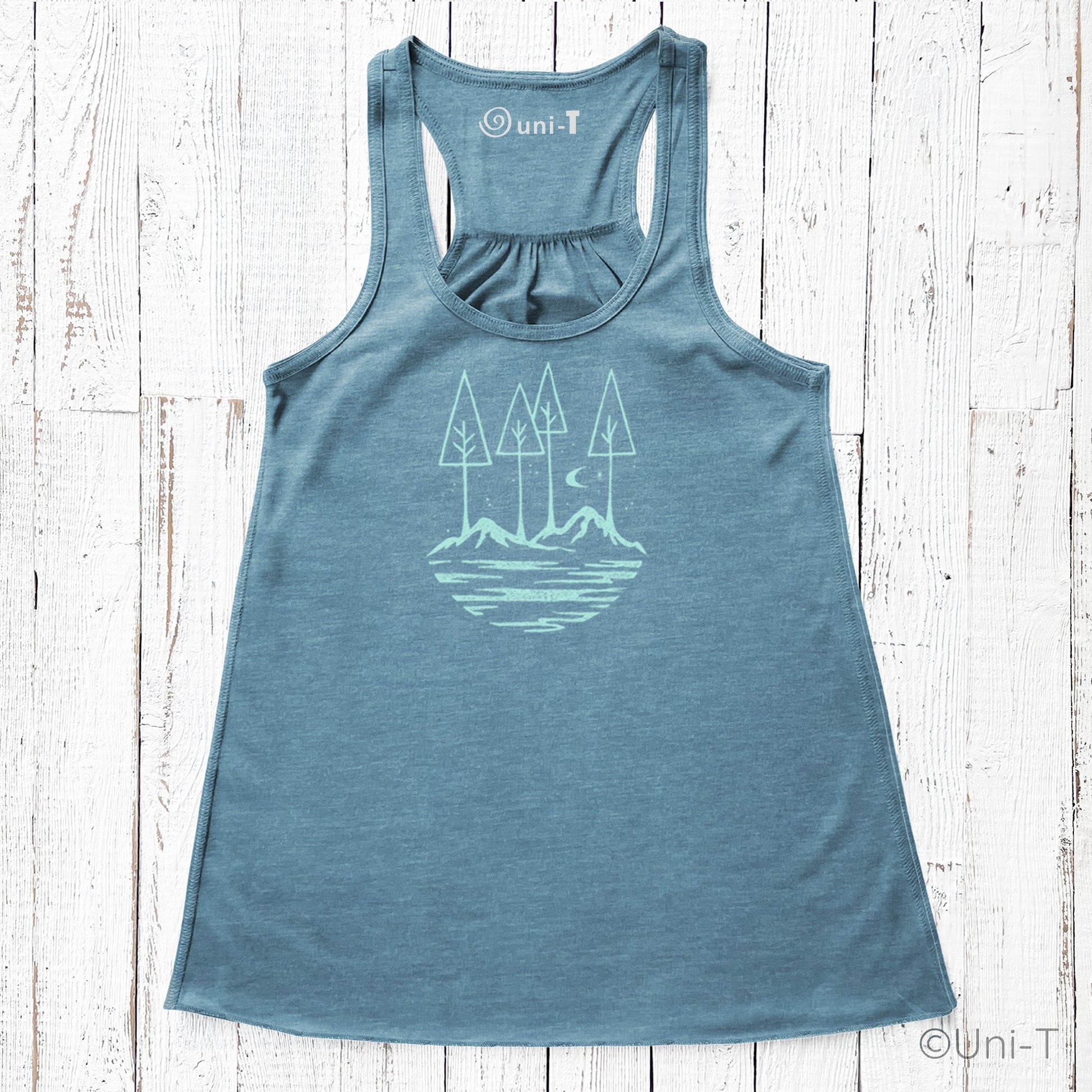 Blue Nature Flowy Tank Top for Women with scenic tree and mountain print. Premium comfort fit, perfect for nature lovers.