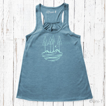 Blue Nature Flowy Tank Top for Women with scenic tree and mountain print. Premium comfort fit, perfect for nature lovers.