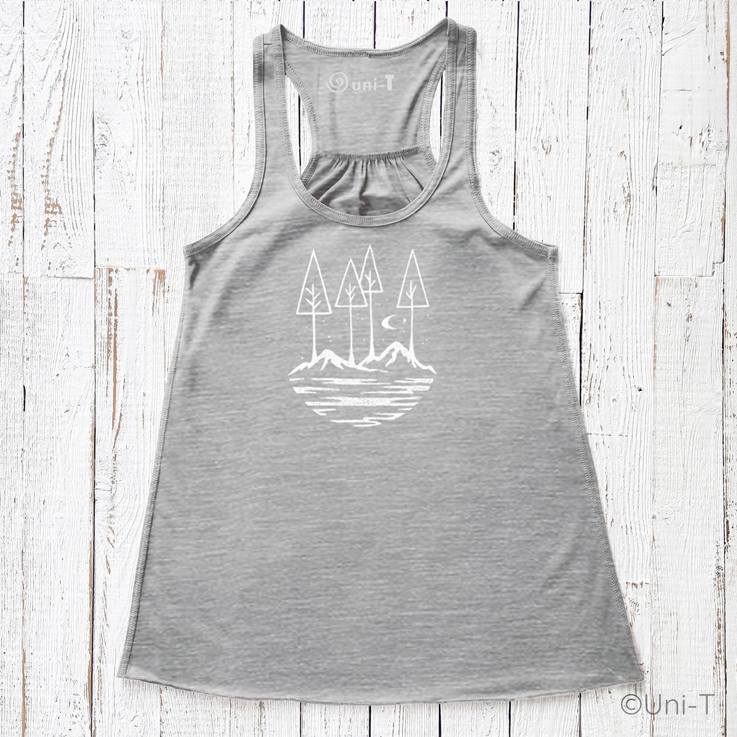 Heather gray Nature Flowy Tank Top for Women with white outdoor landscape graphic. Eco-friendly and made in the USA.