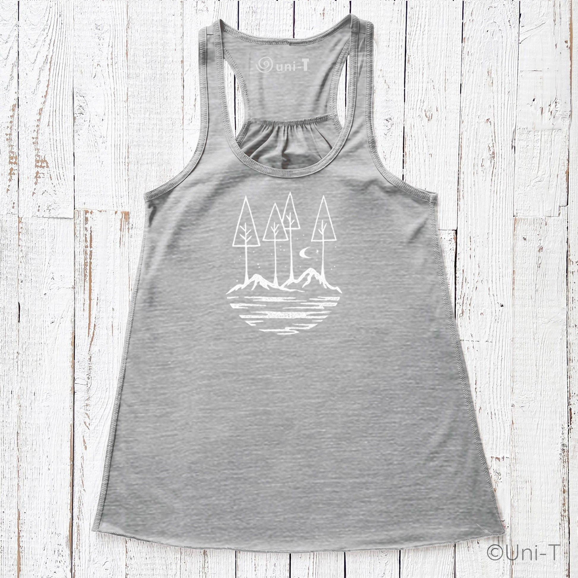 Heather gray Nature Flowy Tank Top for Women with white outdoor landscape graphic. Eco-friendly and made in the USA.
