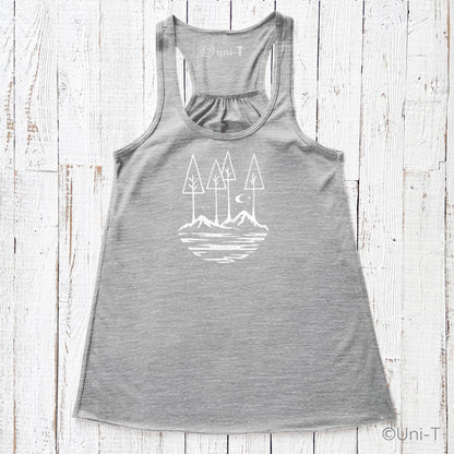 Heather gray Nature Flowy Tank Top for Women with white outdoor landscape graphic. Eco-friendly and made in the USA.