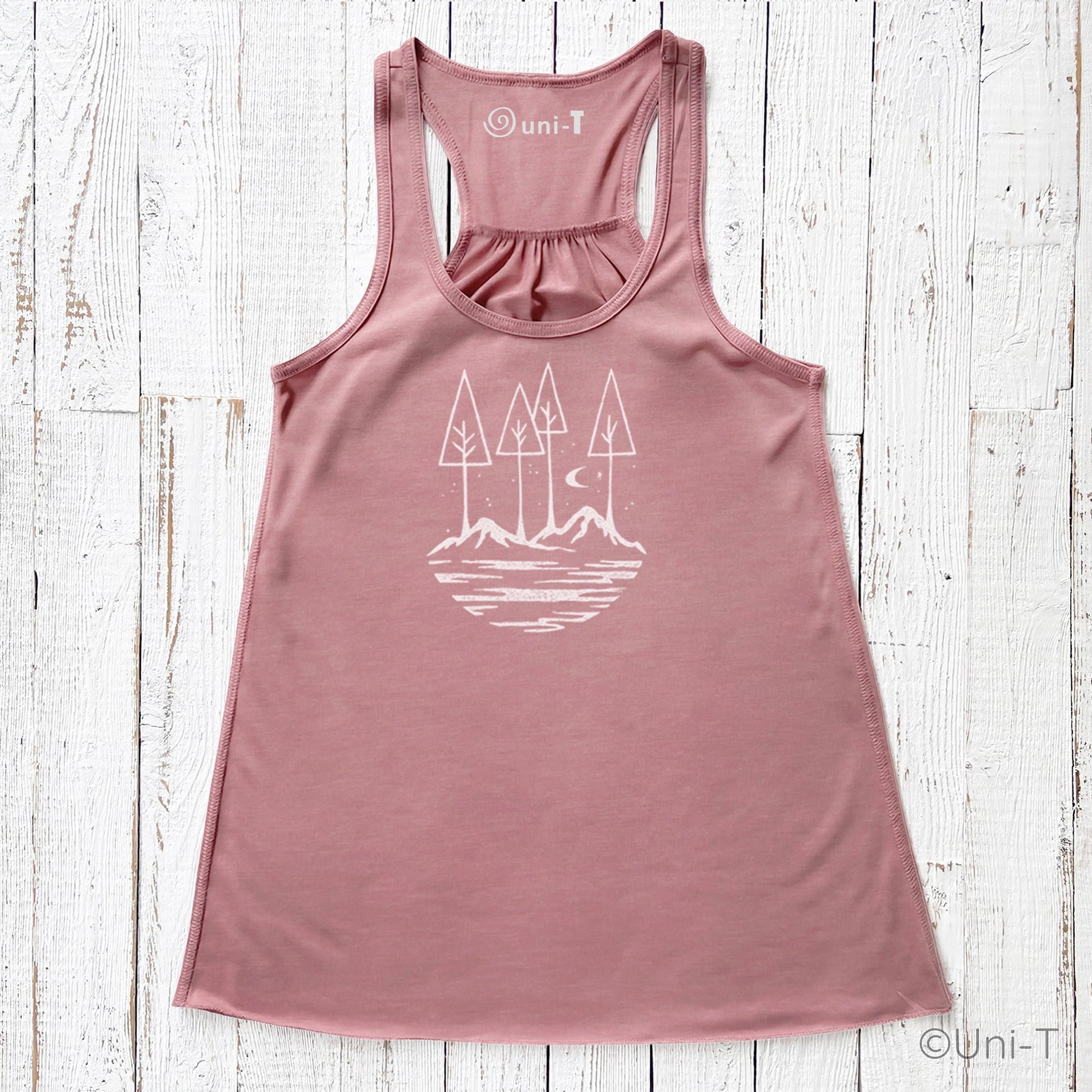 Rose pink Nature Flowy Tank Top for Women with white minimalist nature print. Soft, breathable fabric ideal for summer adventures.