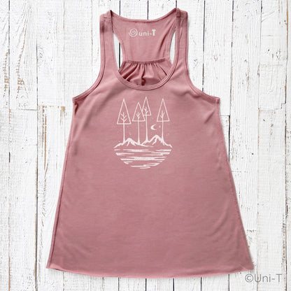 Rose pink Nature Flowy Tank Top for Women with white minimalist nature print. Soft, breathable fabric ideal for summer adventures.