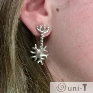 Neuron Earrings - Biology Enthusiasts Accessory | Surgical Steel shown worn on ear, highlighting hypoallergenic design for science lovers.