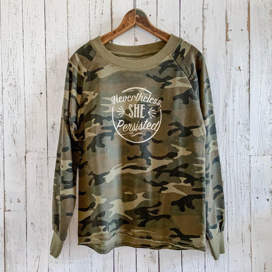 Nevertheless She Persisted Camouflage Burnout French Terry Pullover Sweatshirt Uni-T