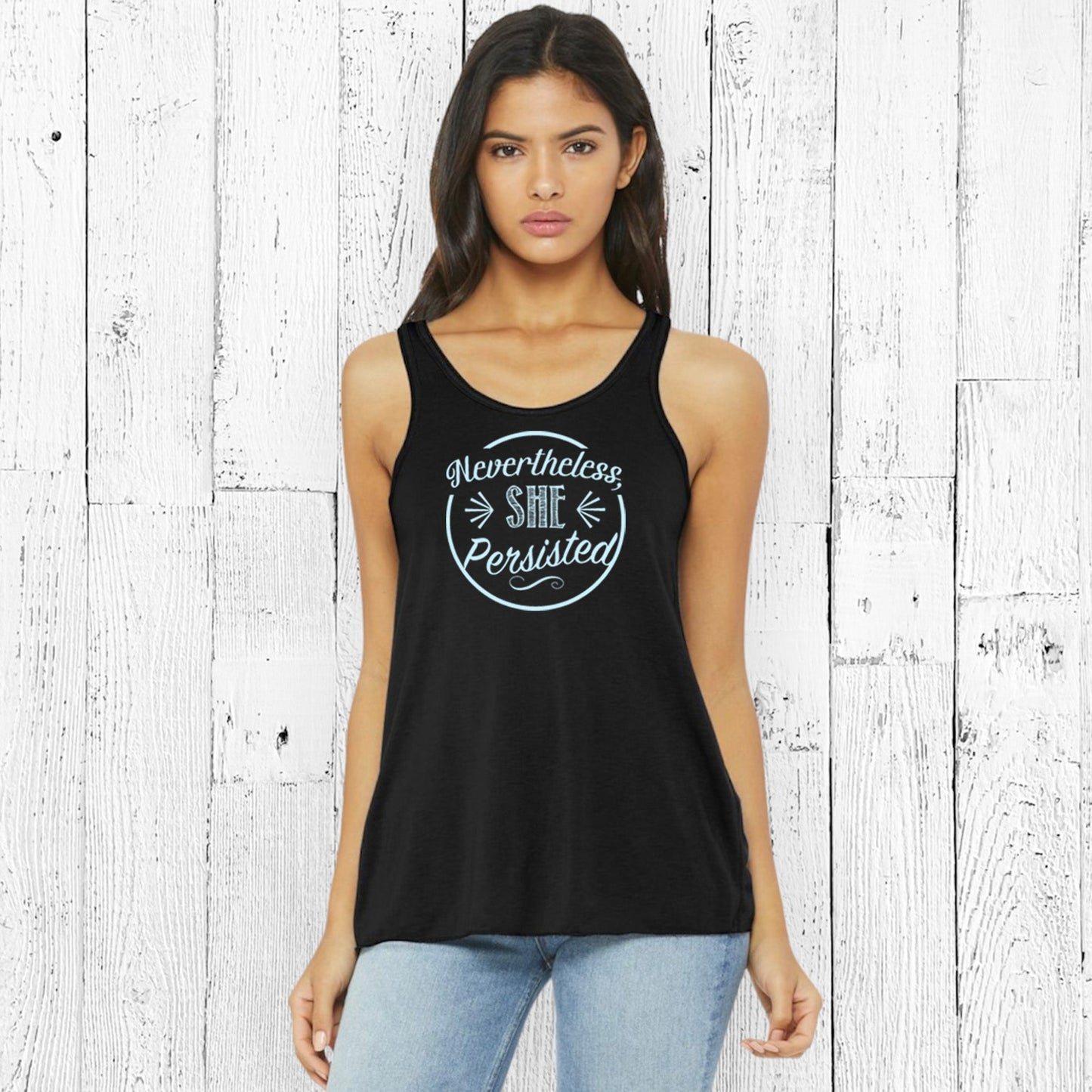 Empowering Women's Tank Top in black with 'Nevertheless She Persisted' design. Flowy racerback cut for stylish resilience apparel.